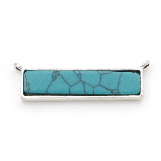 Picture of Zinc Based Alloy Boho Chic Bohemia Connectors Antique Silver Color Rectangle With Resin Cabochons Imitation Turquoise 3cm x 1cm, 5 PCs