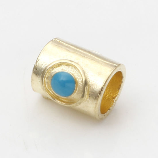 Imagen de Zamak Cuentas Chapado en Oro Azul Cilíndrico Esmalte Aprox 9mm x 9mm, Agujero: Aprox 5.2mm, 10 Unidades