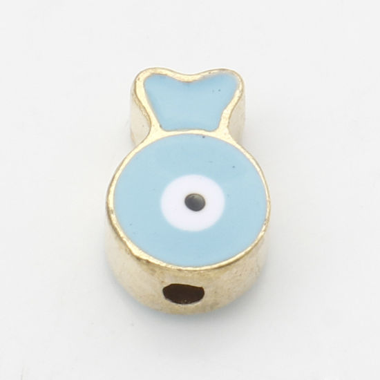 Immagine di Lega di Zinco Religione Perline Oro Placcato Blu Pesce Malocchio Smalto Circa 10mm x 7mm, Foro:Circa 1.6mm, 10 Pz