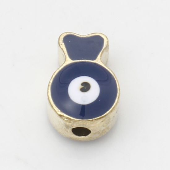 Immagine di Lega di Zinco Religione Perline Oro Placcato Blu Scuro Pesce Malocchio Smalto Circa 10mm x 7mm, Foro:Circa 1.6mm, 10 Pz