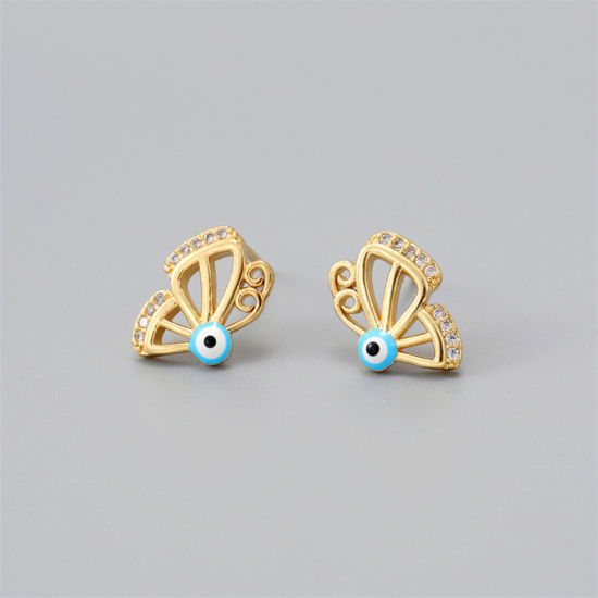Picture of Brass Insect Ear Post Stud Earrings Gold Plated Blue Butterfly Animal Evil Eye Clear Rhinestone Enamel 1.5cm x 1cm, 1 Pair                                                                                                                                    
