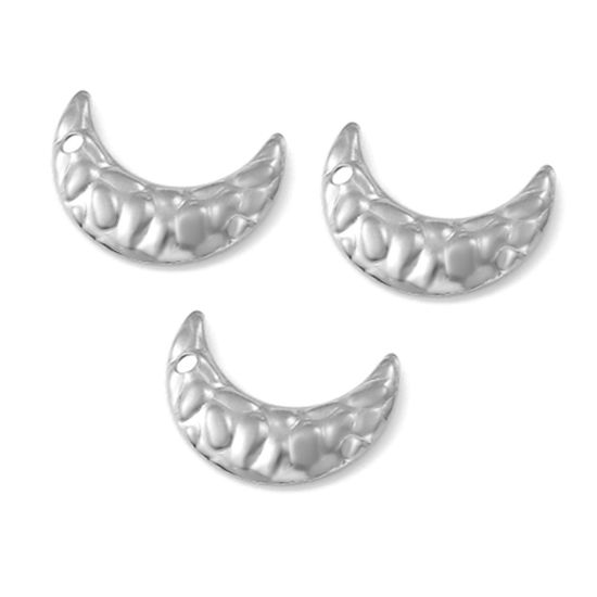 Picture of 304 Stainless Steel Hammered Charms Silver Tone Half Moon Texture 17mm x 12mm, 10 PCs