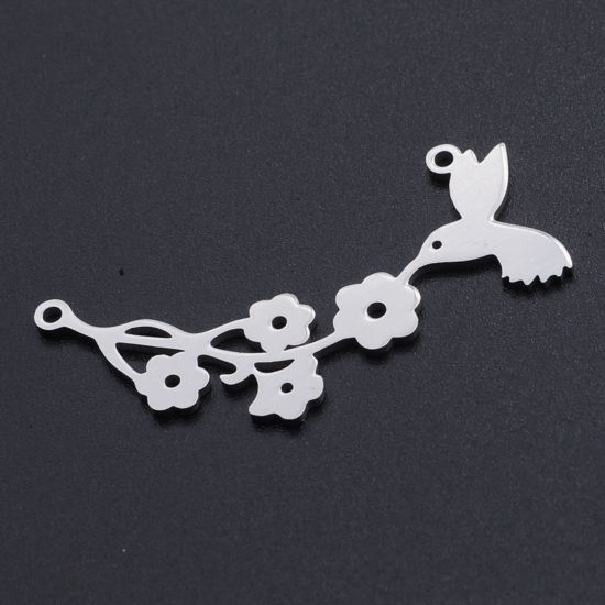 Picture of 201 Stainless Steel Connectors Silver Tone Flower Leaves Bird Hollow 40mm x 18mm, 5 PCs