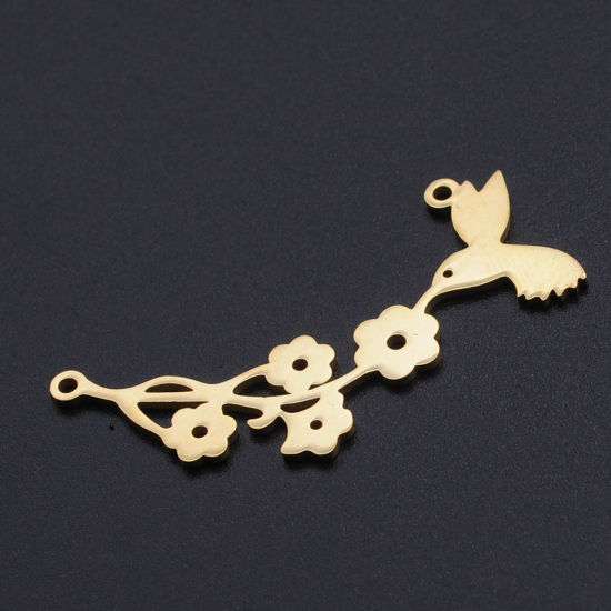 Picture of 201 Stainless Steel Connectors Gold Plated Flower Leaves Bird Hollow 40mm x 18mm, 5 PCs