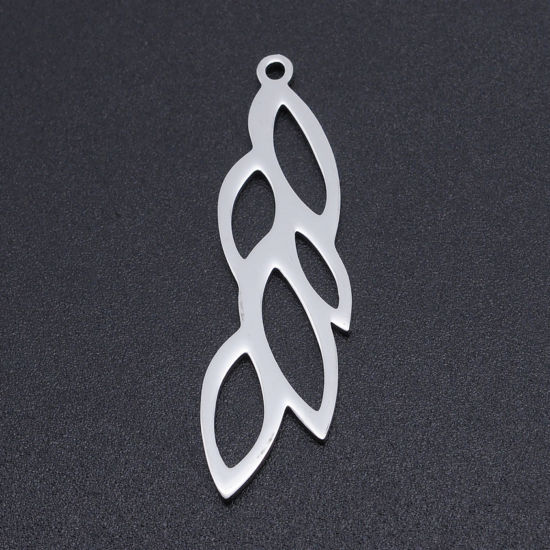 Picture of 201 Stainless Steel Charms Silver Tone Leaf Hollow 37mm x 11mm, 5 PCs