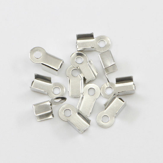 Bild von Eisenlegierung Endstücke für Halskette oder Armband Rechteck Silberfarbe 2.5mm Schnur) 6mm x 3mm, 200 Stück