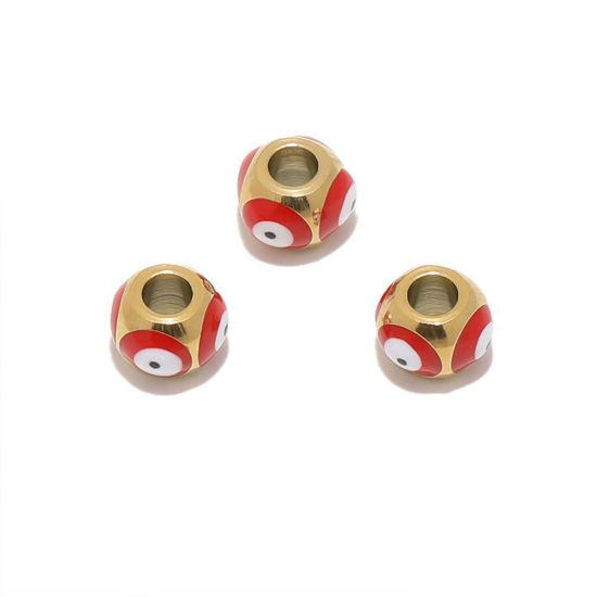 Image de Perles Religieux en 304 Acier Inoxydable Rond Doré Rouge Œil Mauvais Émail 8mm x 6mm, Trou: env. 3.2mm, 2 Pcs