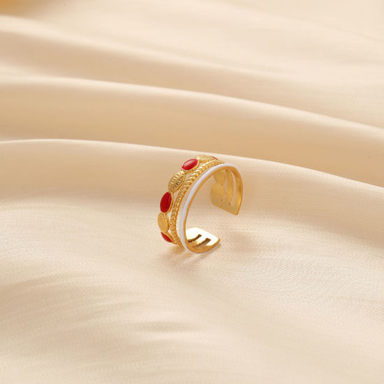 Picture of 304 Stainless Steel Stylish Open Rings Gold Plated Red Shell Enamel 19mm x 7mm, 1 Piece