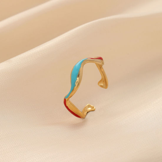 Picture of 304 Stainless Steel Stylish Open Rings Gold Plated Red & Blue Wave Enamel 17mm x 5mm, 1 Piece