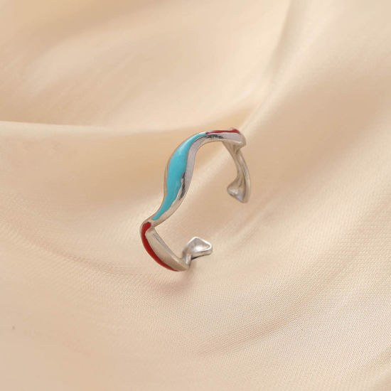 Picture of 304 Stainless Steel Stylish Open Rings Silver Tone Red & Blue Wave Enamel 17mm x 5mm, 1 Piece