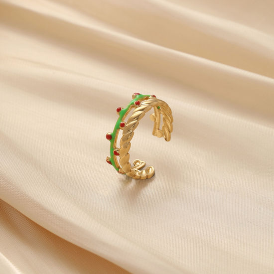 Picture of 304 Stainless Steel Stylish Open Rings Gold Plated Red & Green Flower Vine Enamel 18mm x 7mm, 1 Piece