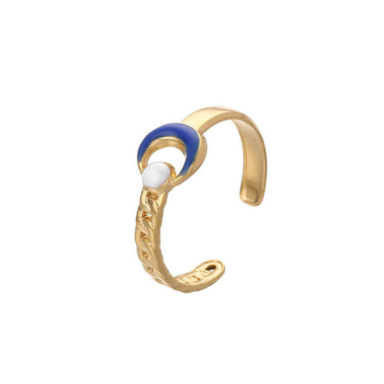 Picture of 304 Stainless Steel Stylish Open Rings Gold Plated White & Dark Blue Half Moon Enamel 19mm x 3mm, 1 Piece