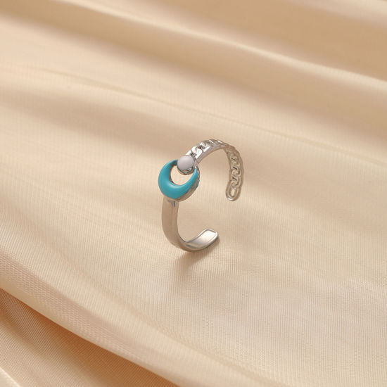 Picture of 304 Stainless Steel Stylish Open Rings Silver Tone White & Blue Half Moon Enamel 19mm x 3mm, 1 Piece