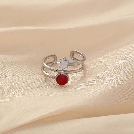 Picture of 304 Stainless Steel Stylish Open Rings Silver Tone White & Red Star Enamel 19mm x 5mm, 1 Piece