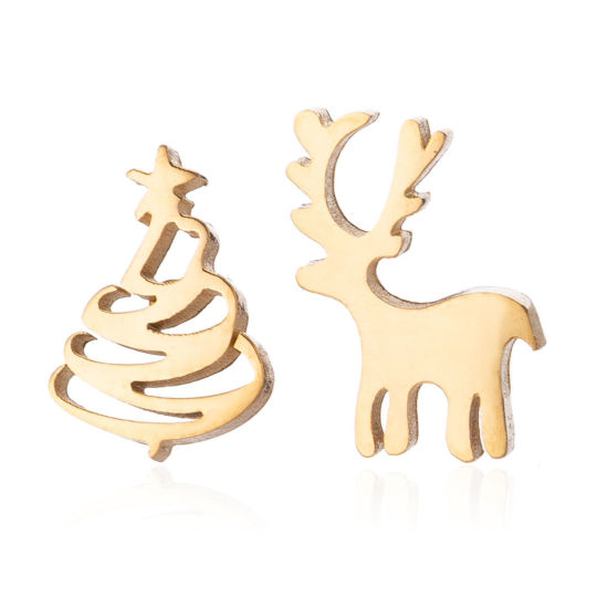 Bild von 304 Edelstahl Asymmetrische Ohrringe Vergoldet Weihnachten Weihnachtsbaum Weihnachten Rentier Hohl 8mm D., Drahtstärke: (20 gauge), 1 Paar