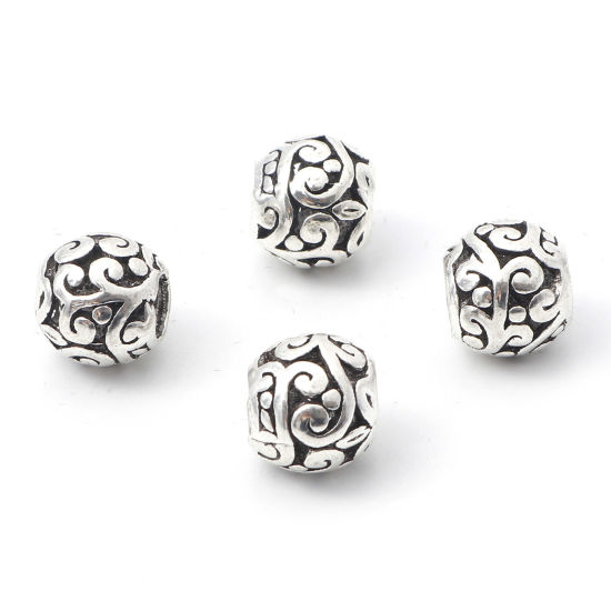 Picture of Zinc Based Alloy European Style Large Hole Charm Beads Antique Silver Color Drum Flower Vine Hollow 10mm x 9mm, Hole: Approx 4.5mm, 10 PCs