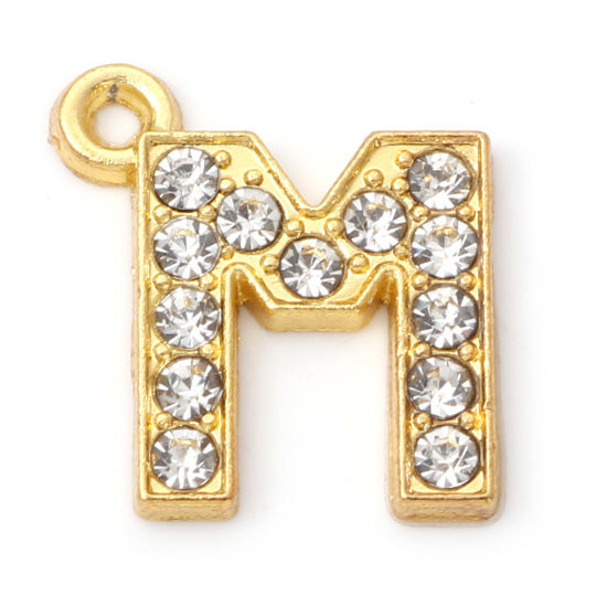 Imagen de Zamak Micro Pave Colgantes Charms Letras Chapado en Oro Mensaje " M " Transparente Rhinestone 17mm x 16mm, 10 Unidades