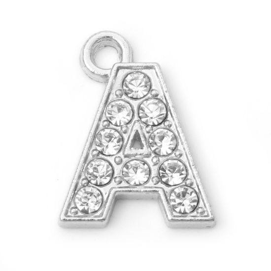 Immagine di Lega di Zinco Micro Intarsio Charms Lettera Tono Argento Lettere " A " Trasparente Strass 18mm x 13mm , 10 Pz