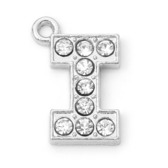 Immagine di Lega di Zinco Micro Intarsio Charms Lettera Tono Argento Lettere " I " Trasparente Strass 18mm x 12mm , 10 Pz