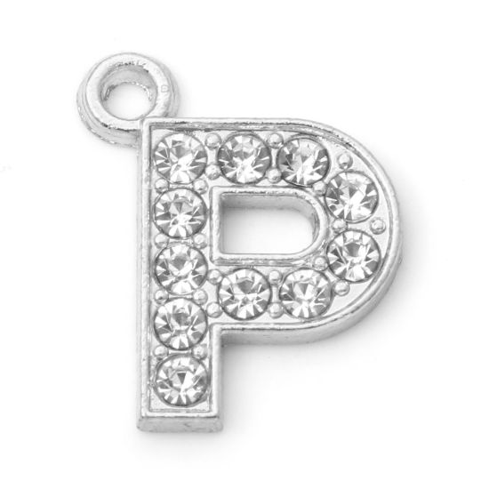 Immagine di Lega di Zinco Micro Intarsio Charms Lettera Tono Argento Lettere " P " Trasparente Strass 18mm x 14mm , 10 Pz
