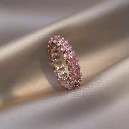 Picture of Brass Wedding Unadjustable Rings Oval Platinum Plated Pink Cubic Zirconia 18.1mm(US Size 8), 1 Piece                                                                                                                                                          