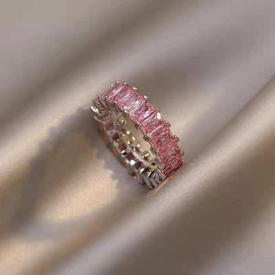 Picture of Brass Wedding Unadjustable Rings Rectangle Platinum Plated Pink Cubic Zirconia 18.1mm(US Size 8), 1 Piece                                                                                                                                                     