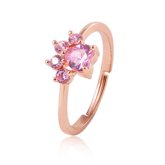 Picture of Brass Wedding Open Adjustable Rings Cat Animal Footprint Rose Gold Pink Cubic Zirconia 15mm(US Size 4), 1 Piece                                                                                                                                               
