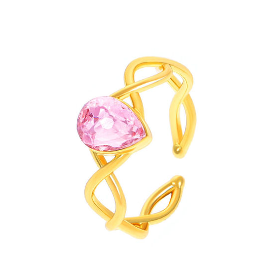Picture of Brass Wedding Open Adjustable Rings Braided Drop 14K Gold Color Pink Cubic Zirconia 17mm(US Size 6.5), 1 Piece                                                                                                                                                