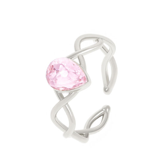 Picture of Brass Wedding Open Adjustable Rings Braided Drop Silver Tone Pink Cubic Zirconia 17mm(US Size 6.5), 1 Piece                                                                                                                                                   