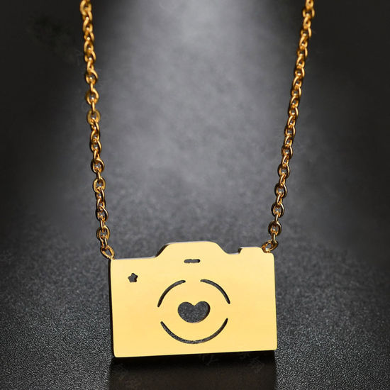 Picture of 304 Stainless Steel Link Cable Chain Necklace Gold Plated Camera Hollow 45cm(17 6/8") long