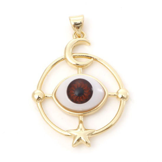 Image de Pendentifs Religieux en Laiton Rond Plaqué Or Véritable 18K Brun Œil Mauvais Avec Cabochons en Résine 3.8cm x 2.6cm, 1 Pièce