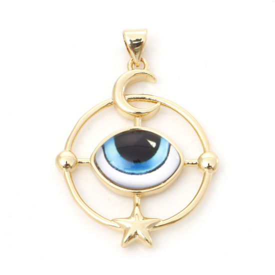 Image de Pendentifs Religieux en Laiton Rond Plaqué Or Véritable 18K Bleu Ciel Œil Mauvais Avec Cabochon en Verre 3.8cm x 2.6cm, 1 Pièce