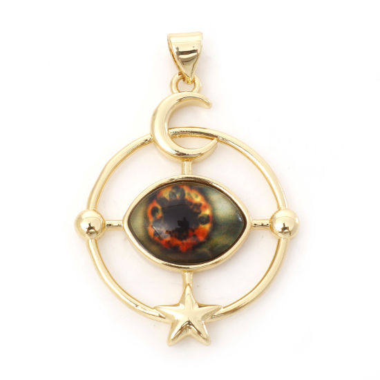 Image de Pendentifs Religieux en Laiton Rond Plaqué Or Véritable 18K Orange Œil Mauvais Avec Cabochon en Verre 3.8cm x 2.6cm, 1 Pièce