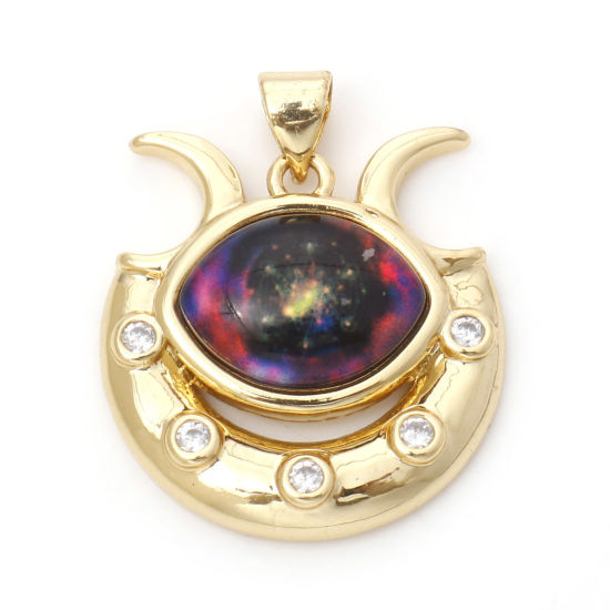 Image de 1 Pièce Pendentif Breloque Religieux en Laiton Forme de U Plaqué Or Véritable 18K Fuchsia Œil Mauvais Avec Cabochon en Verre 27mm x 22mm