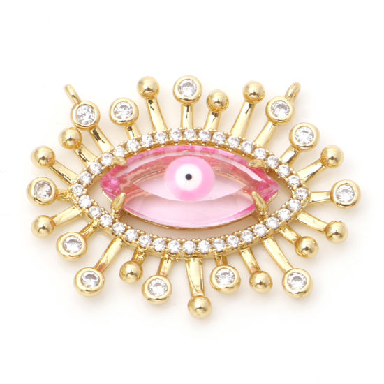 Image de Connecteurs Pendentifs Breloques Religieux en Laiton Plaqué Or Véritable 18K Rose Clair Œil Mauvais Avec Cabochon en Verre à Zircone Cubique Clair 28mm x 22mm, 1 Pièce