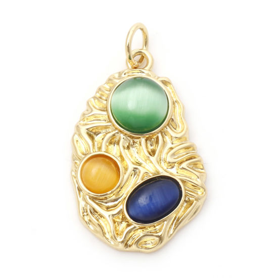 Picture of Brass Charms 18K Real Gold Plated Multicolor Irregular Cat's Eye Imitation 28mm x 16mm, 1 Piece                                                                                                                                                               