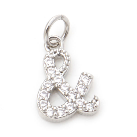 Picture of Brass Micro Pave Charms Real Platinum Plated Symbol Sign Ampersand " & " Clear Cubic Zirconia 13mm x 7mm, 1 Piece                                                                                                                                             