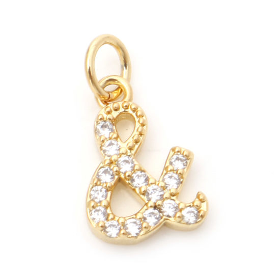 Picture of Brass Micro Pave Charms 18K Real Gold Plated Symbol Sign Ampersand " & " Clear Cubic Zirconia 13mm x 7mm, 1 Piece                                                                                                                                             