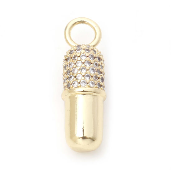 Picture of Brass Micro Pave Charms 18K Real Gold Plated Capsule Clear Cubic Zirconia 22mm x 7mm, 1 Piece                                                                                                                                                                 