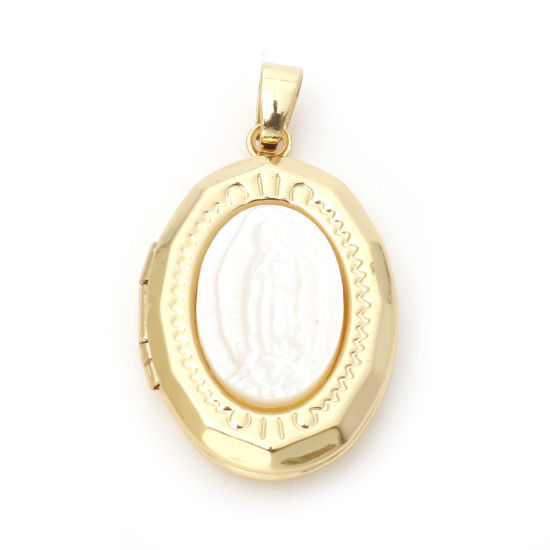 Picture of Shell & Brass Religious Picture Photo Locket Frame Pendents 18K Real Gold Plated Oval Virgin Mary Can Open 29mm x 16mm, 1 Piece                                                                                                                               