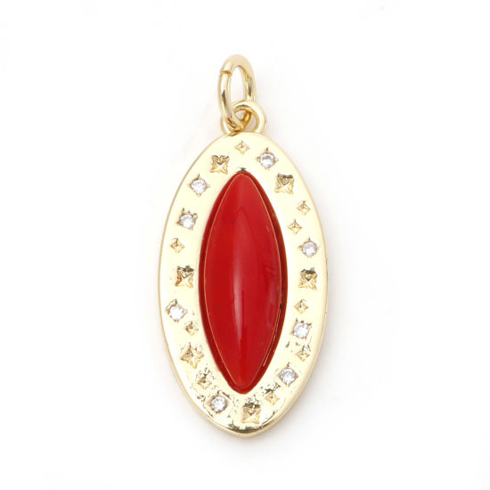 Picture of Brass Micro Pave Charms 18K Real Gold Plated Red Oval With Resin Cabochons Clear Cubic Zirconia 27mm x 11mm, 1 Piece                                                                                                                                          
