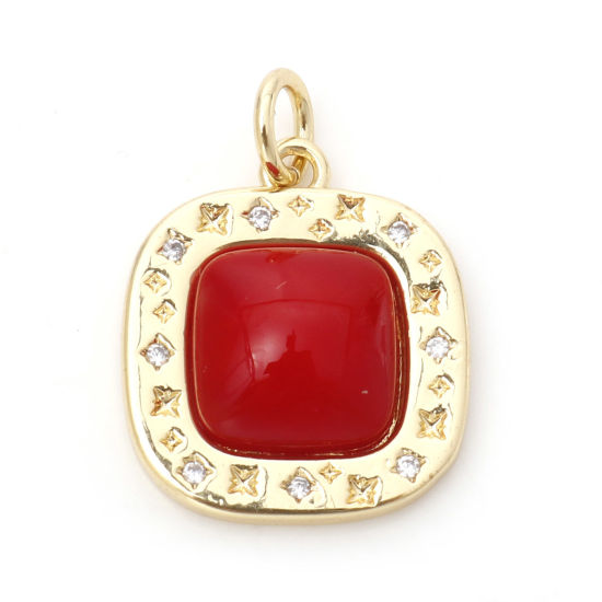 Picture of Brass Micro Pave Charms 18K Real Gold Plated Red Square With Resin Cabochons Clear Cubic Zirconia 21mm x 15mm, 1 Piece                                                                                                                                        