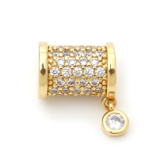 Picture of Brass Micro Pave Charms 18K Real Gold Plated Cylinder Clear Cubic Zirconia 13mm x 10mm, 1 Piece                                                                                                                                                               