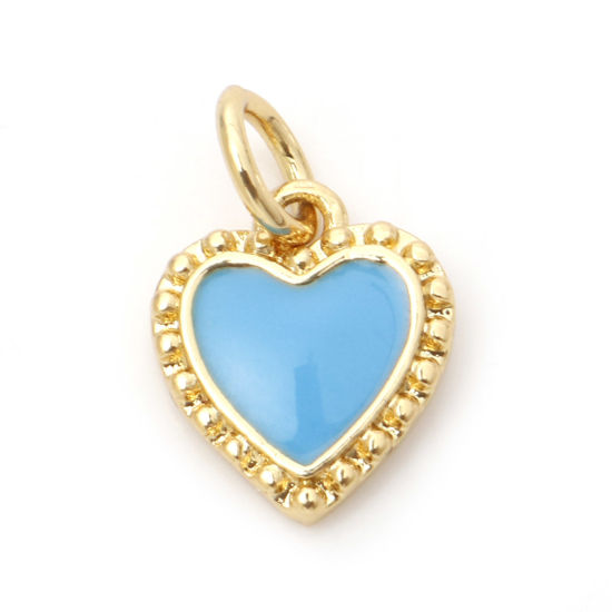 Picture of Brass Valentine's Day Charms 18K Real Gold Plated Blue Heart Enamel 14mm x 9mm, 1 Piece                                                                                                                                                                       