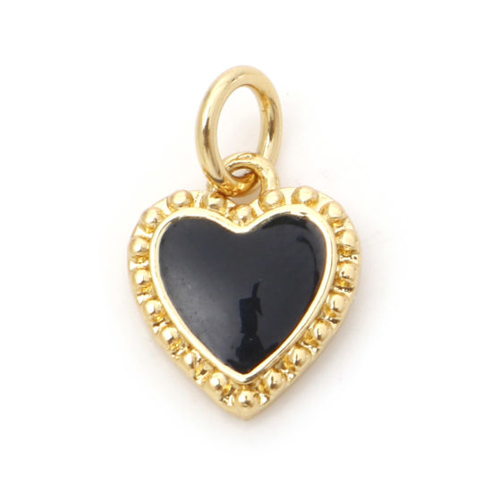 Picture of Brass Valentine's Day Charms 18K Real Gold Plated Black Heart Enamel 14mm x 9mm, 1 Piece                                                                                                                                                                      