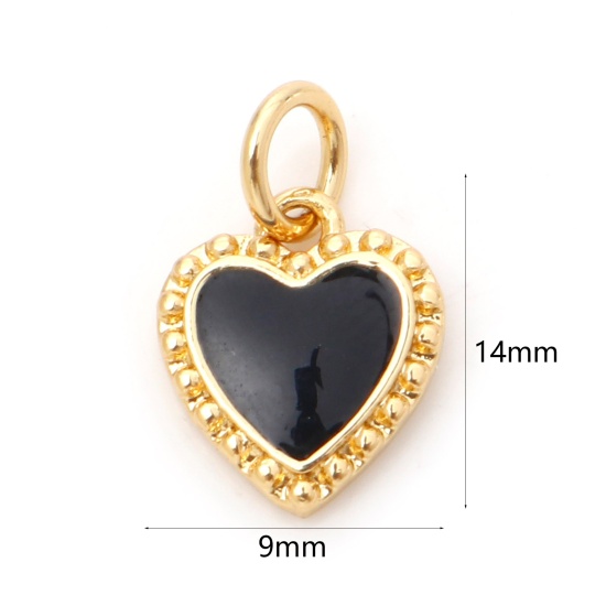 Picture of Brass Valentine's Day Charms 18K Real Gold Plated Black Heart Enamel 14mm x 9mm, 1 Piece
