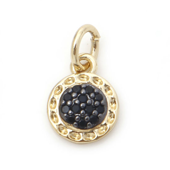 Picture of Brass Micro Pave Charms 18K Real Gold Plated Round Deep Blue Cubic Zirconia 13mm x 8mm, 1 Piece                                                                                                                                                               
