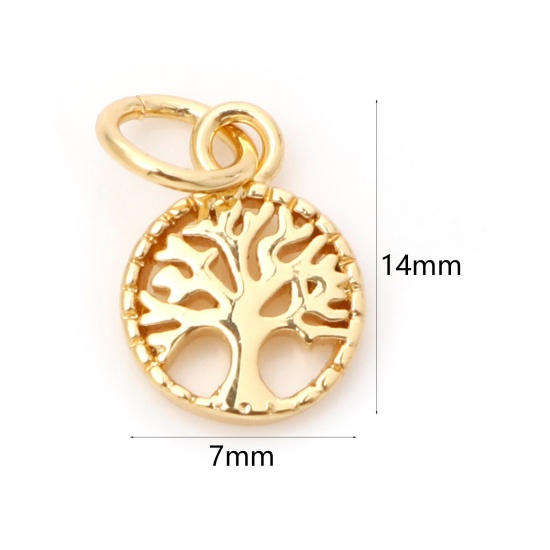 Image de Breloques en Laiton Rond Plaqué Or Véritable 18K Arbre de Vie Creux 14mm x 7mm, 1 Pièce