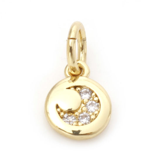 Picture of Brass Galaxy Charms 18K Real Gold Plated Round Moon Micro Pave Clear Cubic Zirconia 11mm x 6mm, 1 Piece                                                                                                                                                       