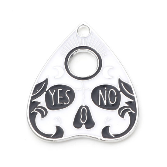 Picture of Zinc Based Alloy Halloween Charms Silver Tone Black & White Ouija Board Skull Enamel 26mm x 22mm, 10 PCs